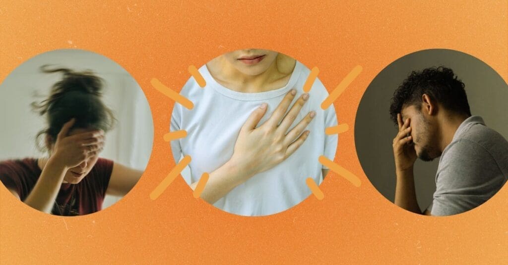 A woman holding her hand over her chest.