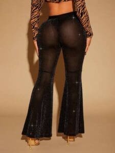 A woman wearing black pants and a see through top.