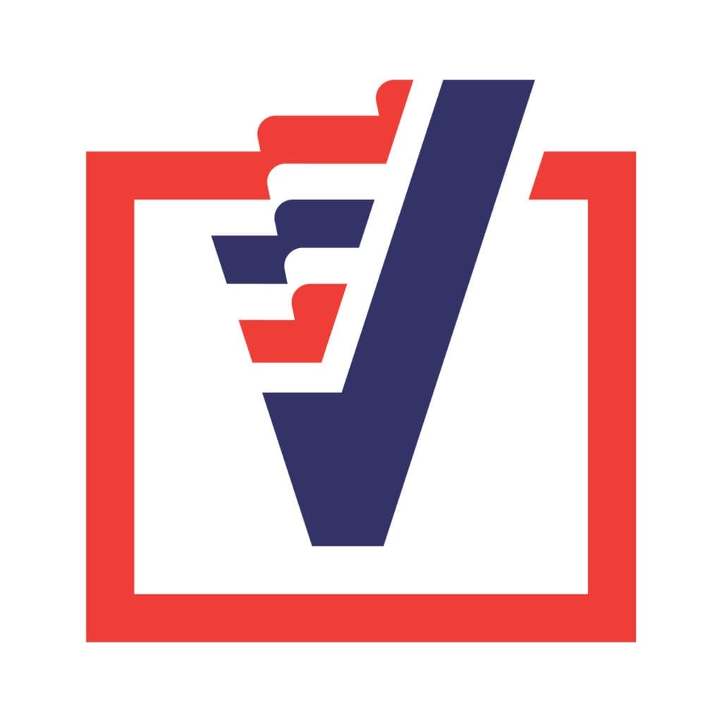 A red white and blue logo for the national voter registration organization.