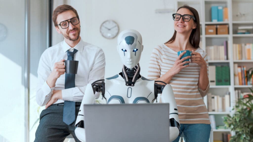 Business people supervising a robot work