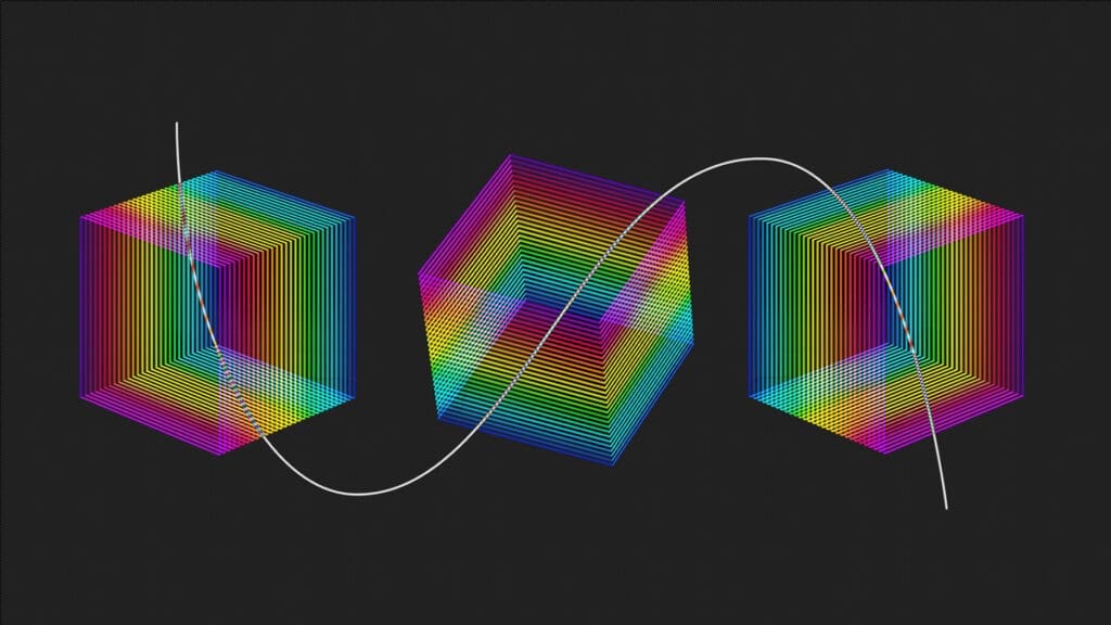 Colorful geometric cubes with a wavy line.