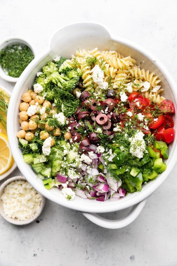 broccoli pasta salad in bowl