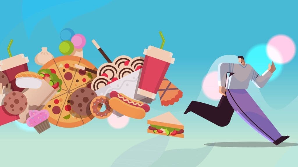 Illustration of man running away from junk food assortment